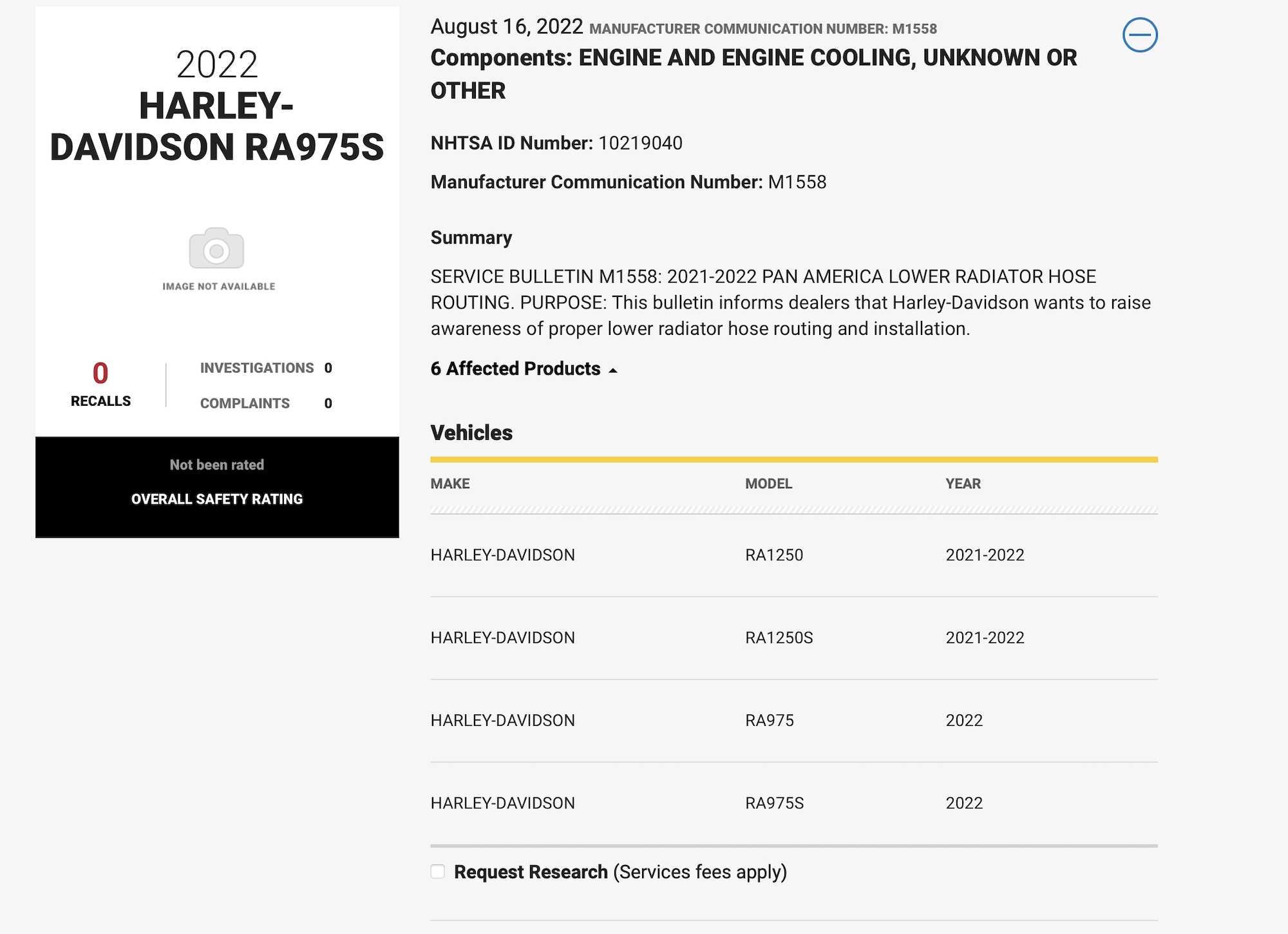 A view of communications re. Harley on NHTSA's website. Media sourced from NHTSA.