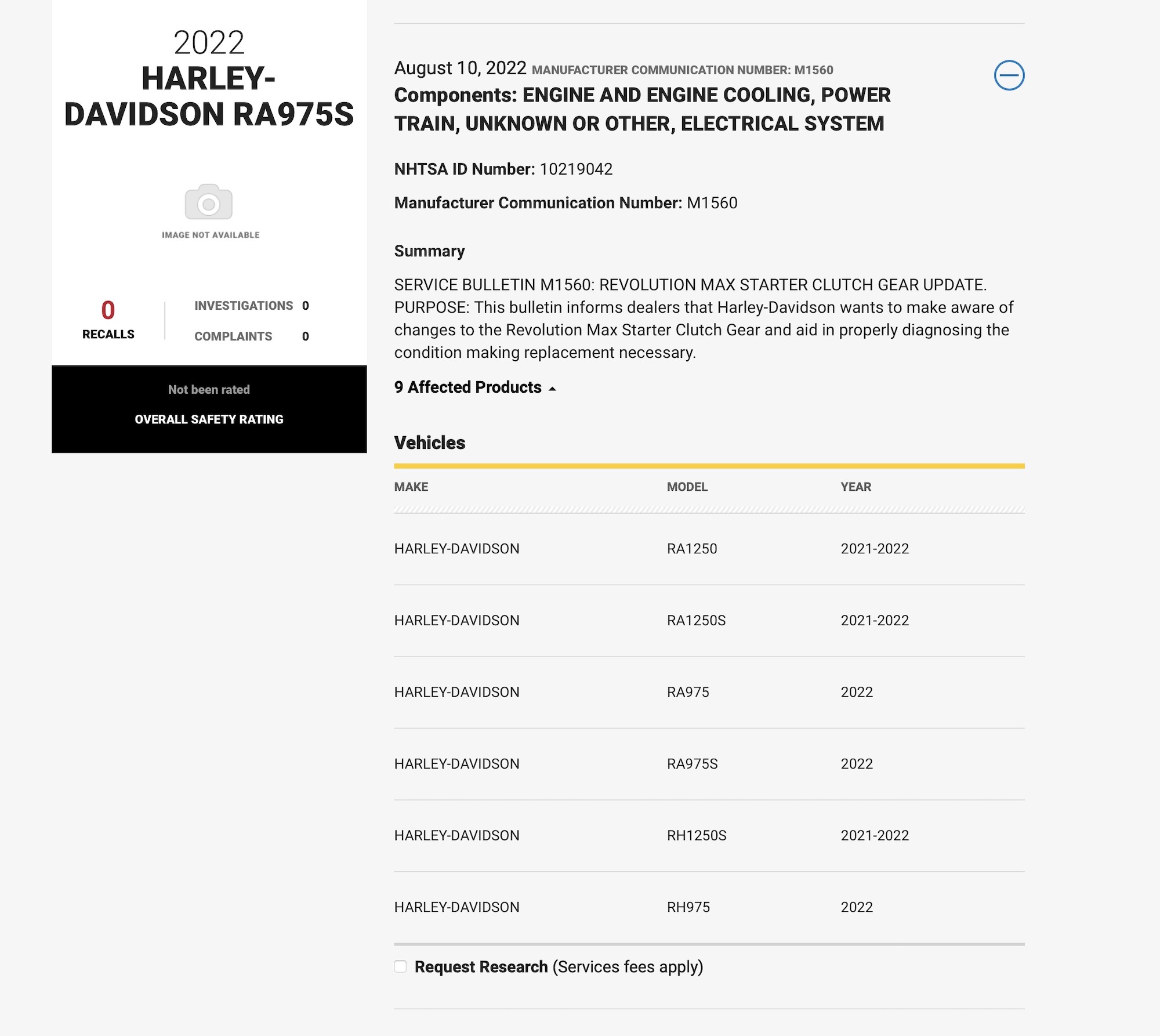 A view of communications re. Harley on NHTSA's website. Media sourced from NHTSA.