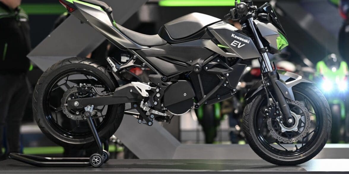 A view of Kawasaki at 2022 INTERMOT, where they dropped the canvas on their EV production prototype. Media sourced from Kawasaki EU's press release.