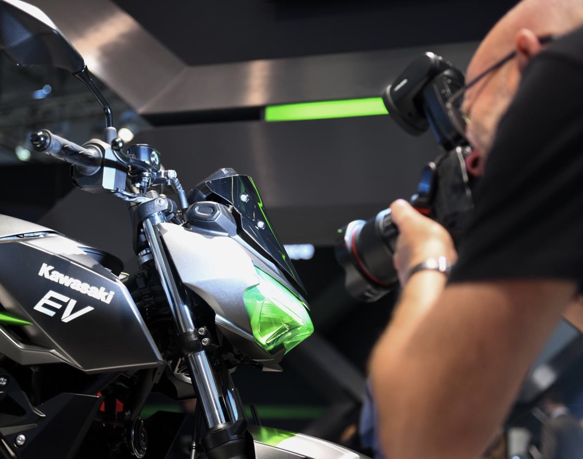 A view of Kawasaki at 2022 INTERMOT, where they dropped the canvas on their EV production prototype. Media sourced from Kawasaki EU's press release.