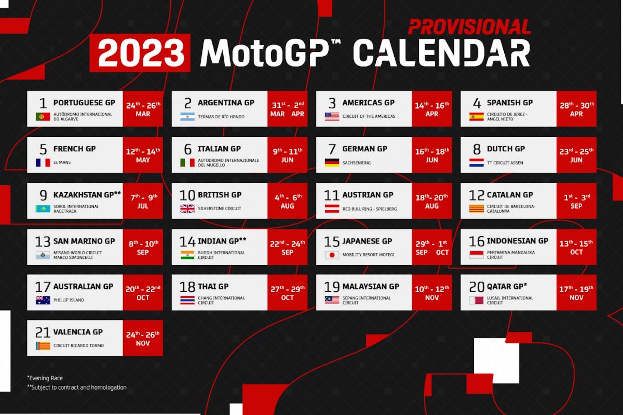 MotoGP's 2023 calendar. Media sourced from MotoGP's website.