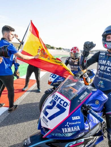 Alvaro Diaz, a Yamaha racer and bLU cRU graduate, after winning the 2022 FIM Supersport 300 World Championship. Media sourced from Yamaha Racing.