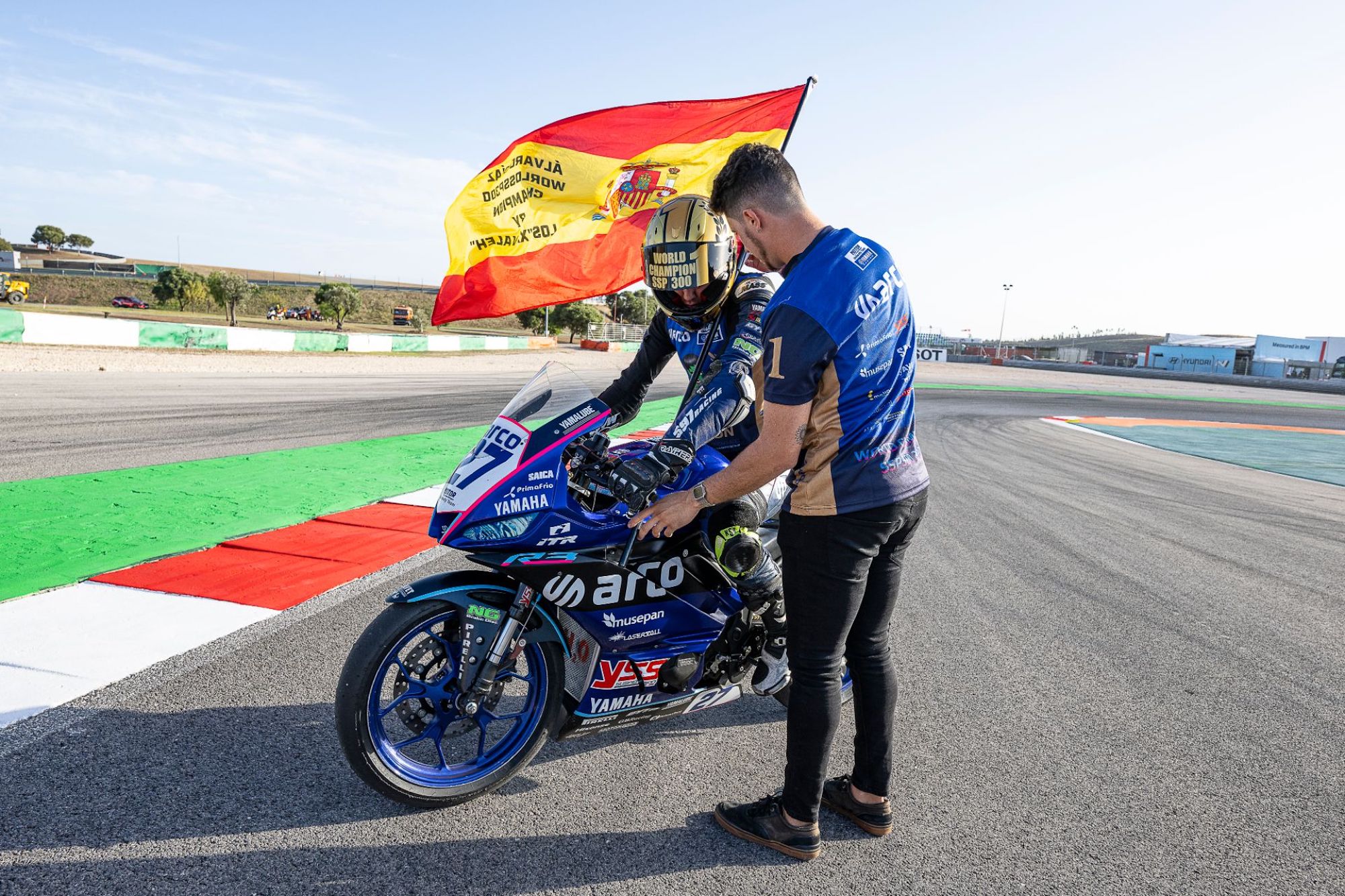 Alvaro Diaz, a Yamaha racer and bLU cRU graduate, after winning the 2022 FIM Supersport 300 World Championship. Media sourced from Yamaha Racing.