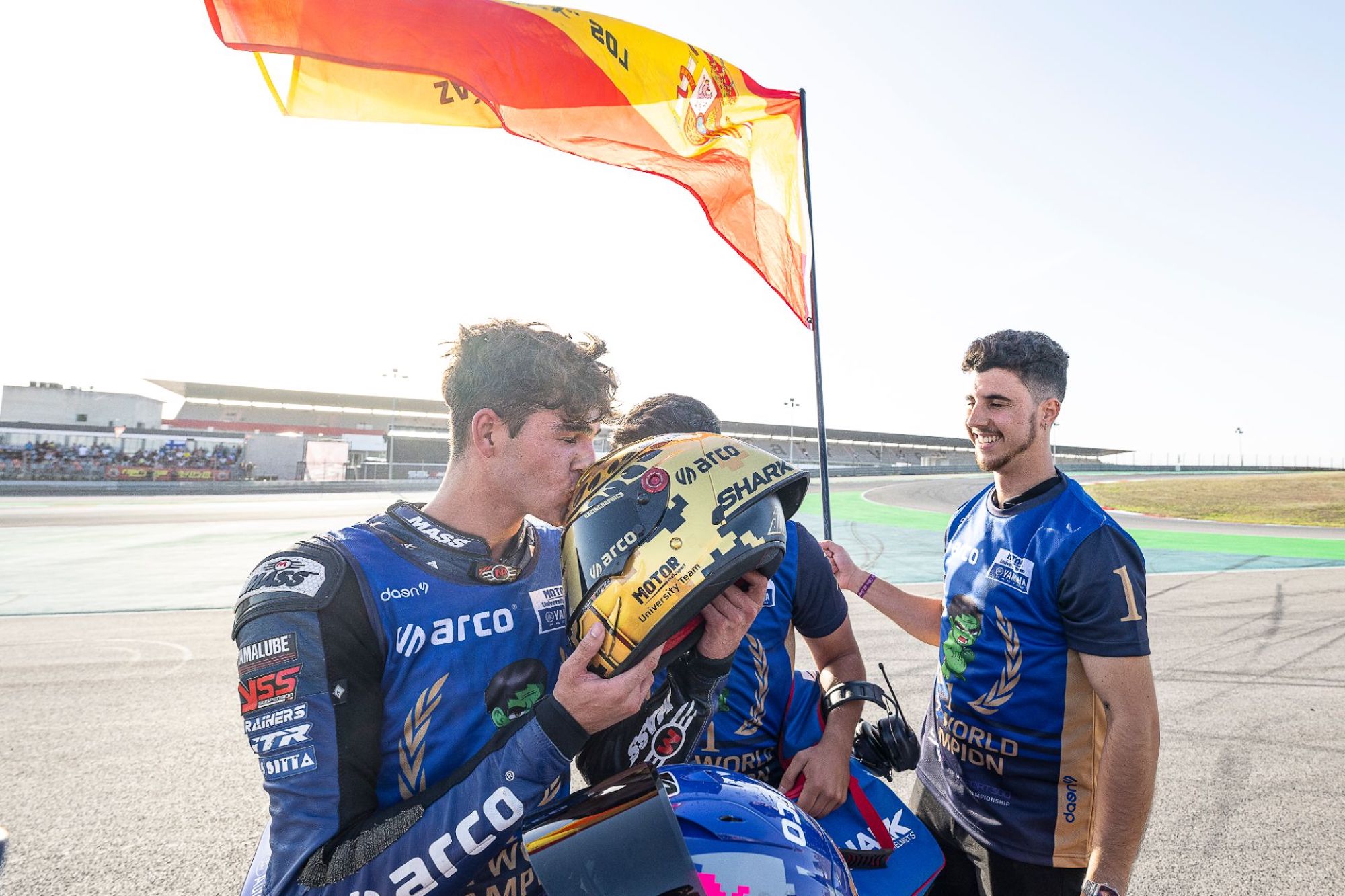 Alvaro Diaz, a Yamaha racer and bLU cRU graduate, after winning the 2022 FIM Supersport 300 World Championship. Media sourced from Yamaha Racing.