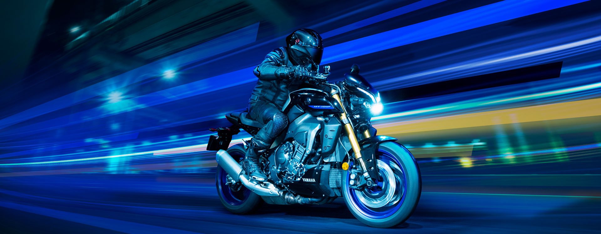 Yamaha 2022 MT-10 SP motorcycle on a Japanese freeway at night