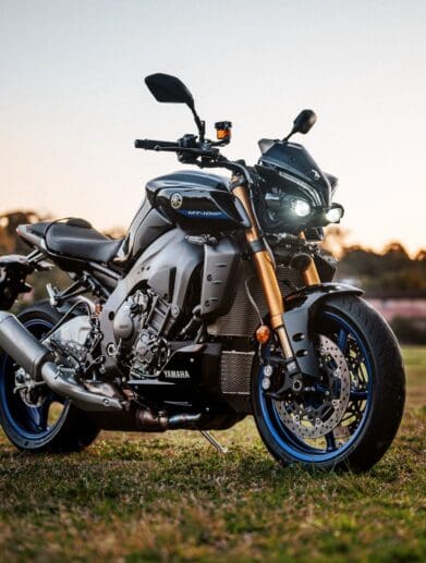 Yamaha 2022 MT-10 SP motorcycle at dusk in a park