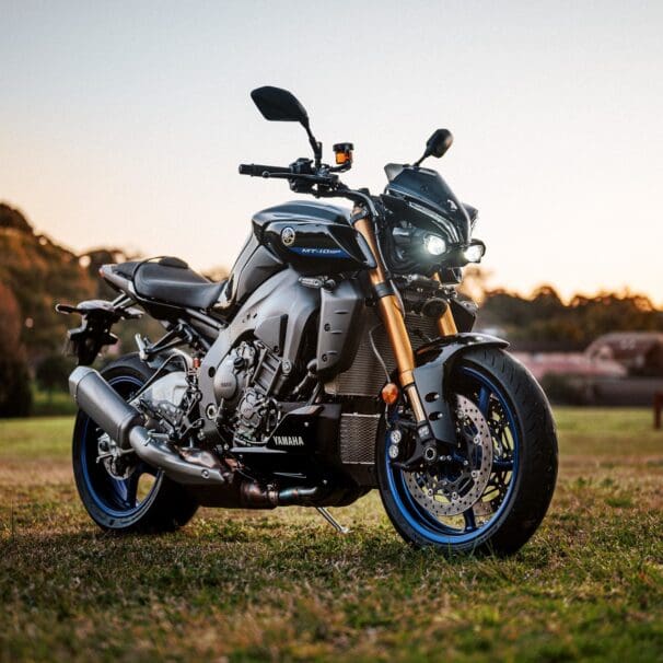 Yamaha 2022 MT-10 SP motorcycle at dusk in a park