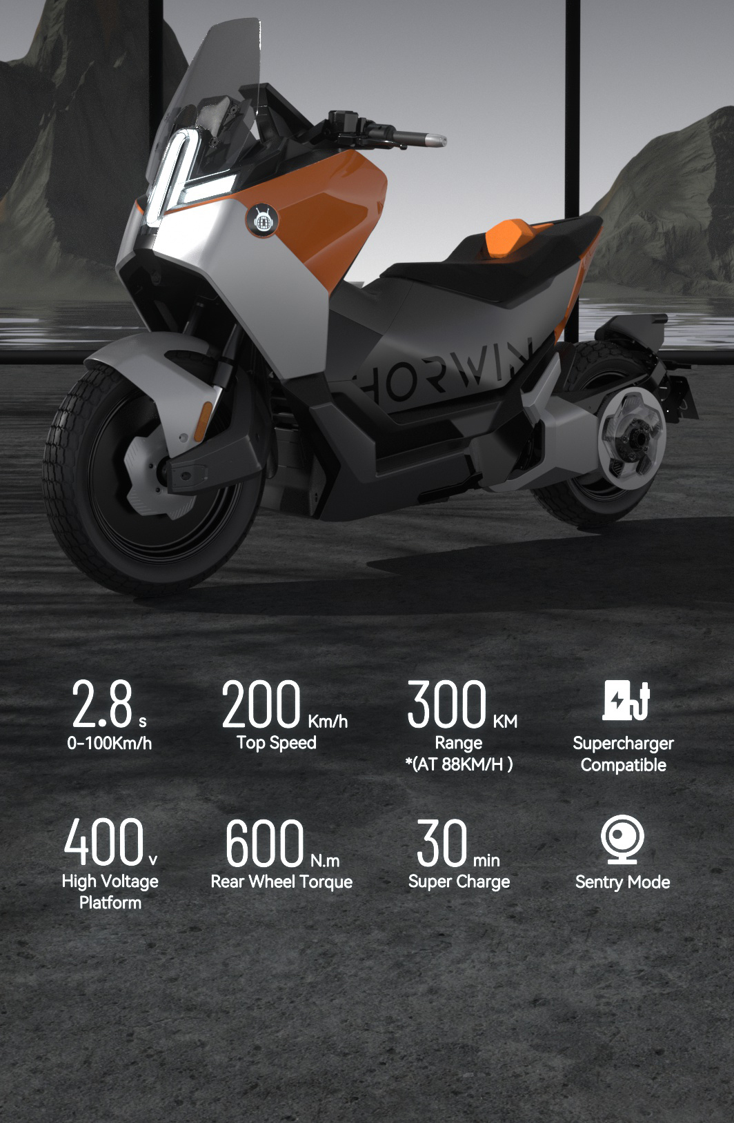 The HORWIN SENMENTI 0, an electric motorcycle that's showing off some impressive power specs. Media sourced from HORWIN's website.