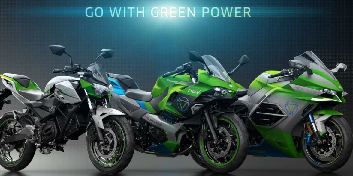 Kawasaki's reveal of four bikes at EICMA included several electric options, a hybrid, and an experimental hydrogen concept. Media sourced from Kawasaki.
