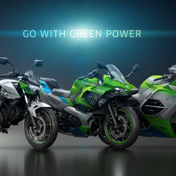 Kawasaki's reveal of four bikes at EICMA included several electric options, a hybrid, and an experimental hydrogen concept. Media sourced from Kawasaki.