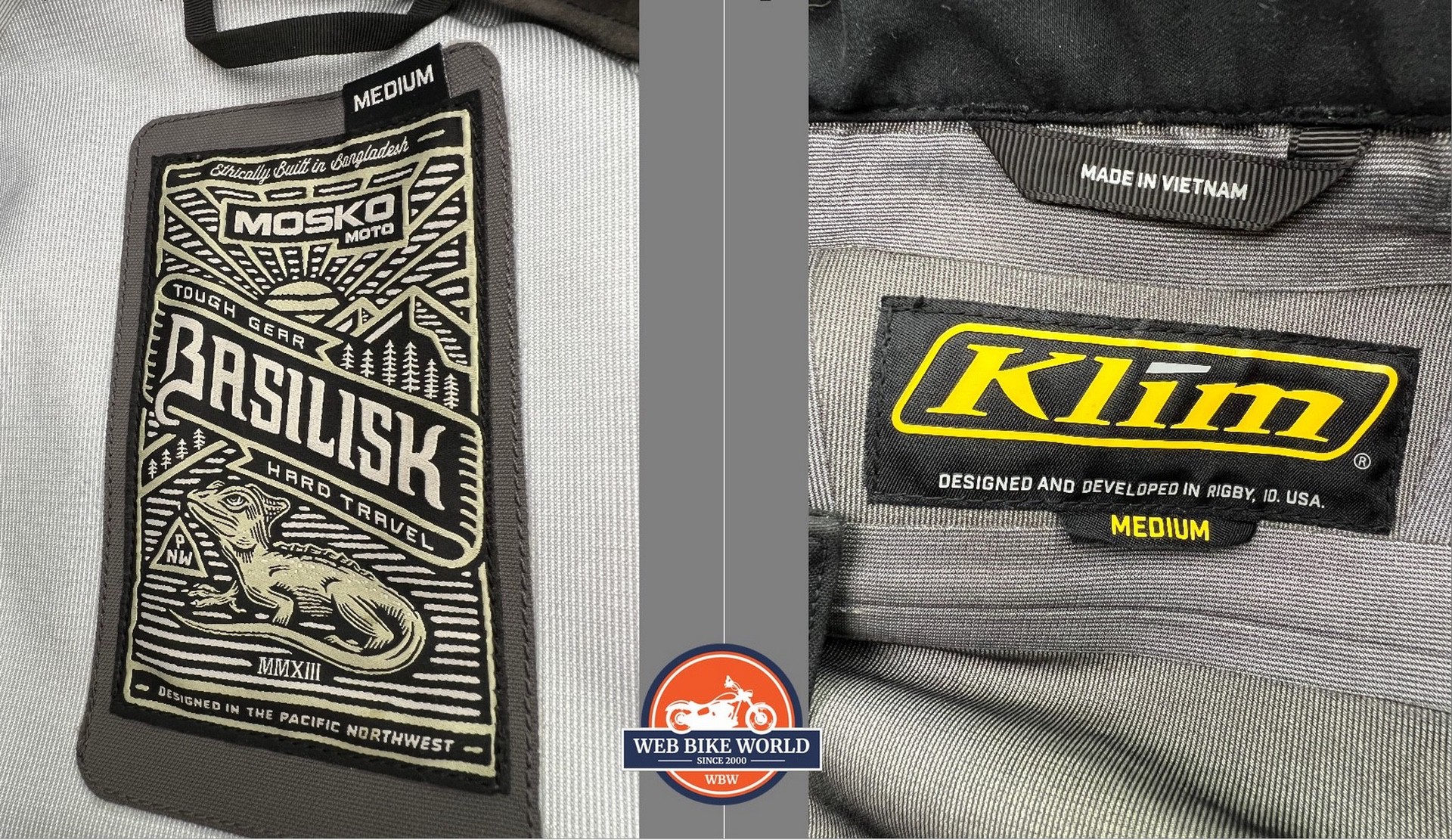 The tags found inside the Klim Raptor GTX jacket and the Mosko Moto Basilisk jacket.