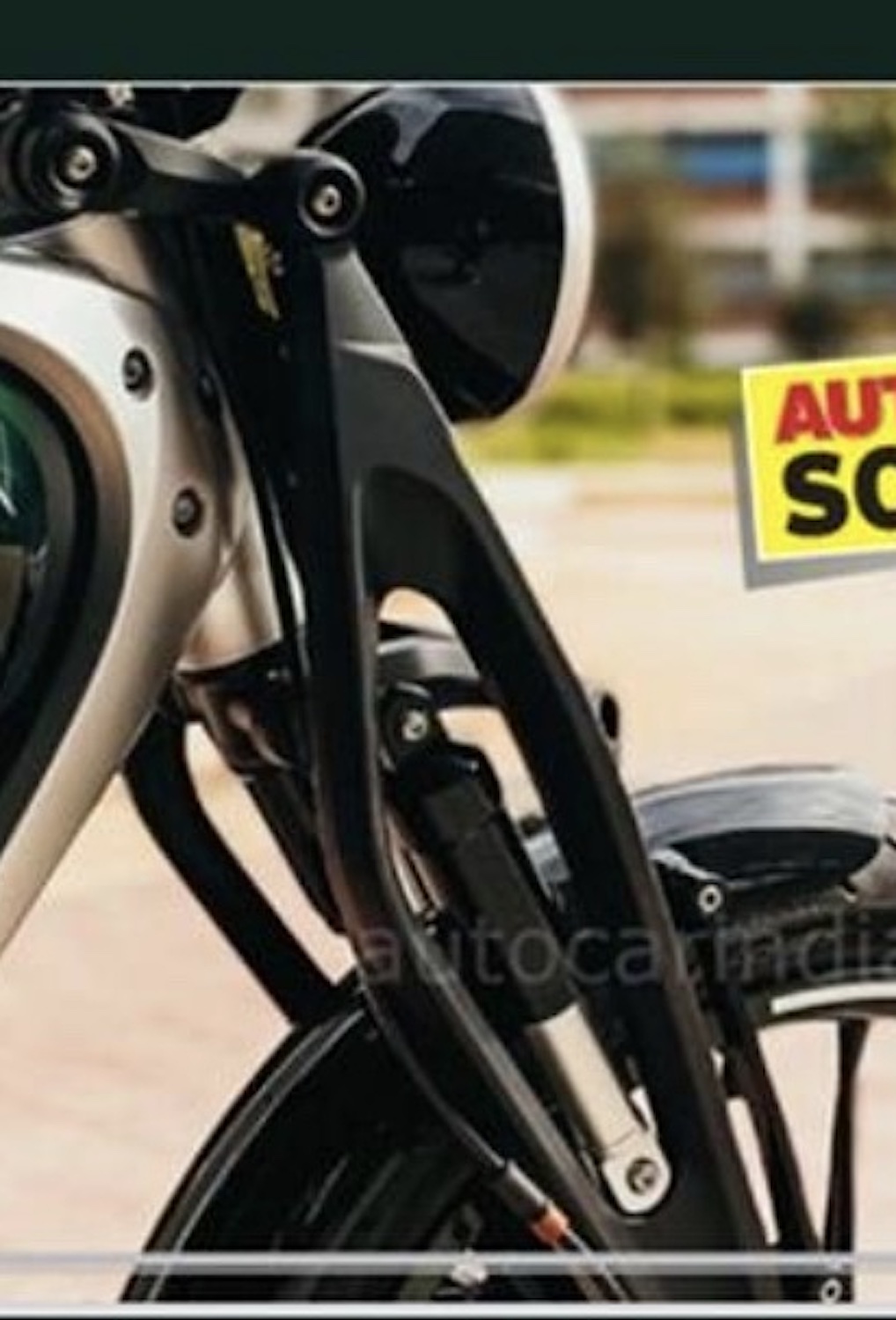 A closer view of the suspension duties on Royal Enfield's new electric motorcycle concept, leaked by AutoCarIndia. Media sourced from Twitter. 