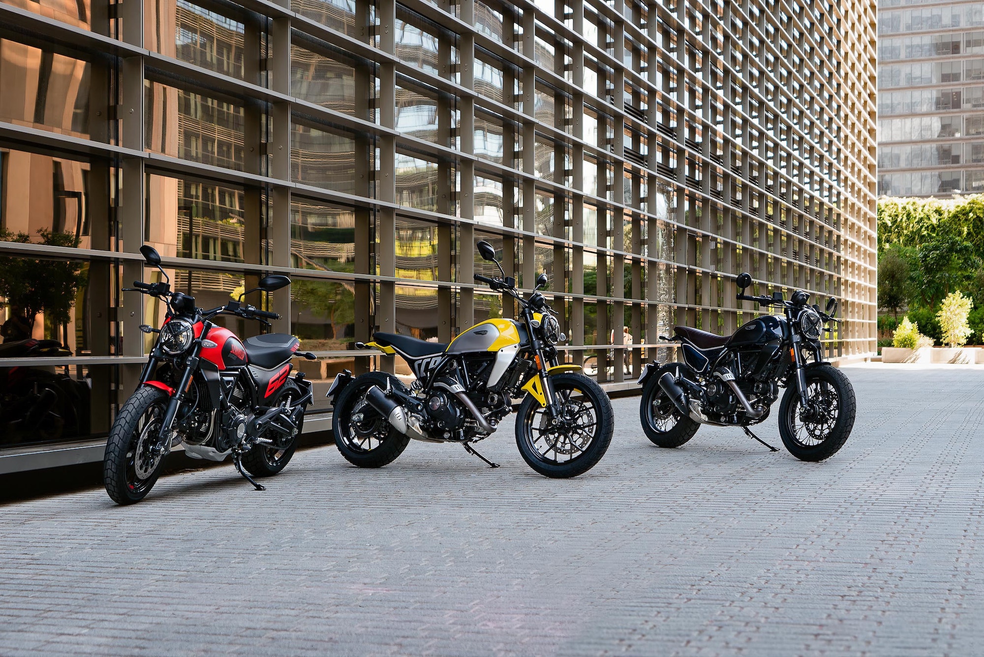 Ducati's new Scrambler range, including the Scrambler Icon, the Scrambler Full Throttle, and the Scrambler Night Shift. Media sourced from Ducati's press release. 