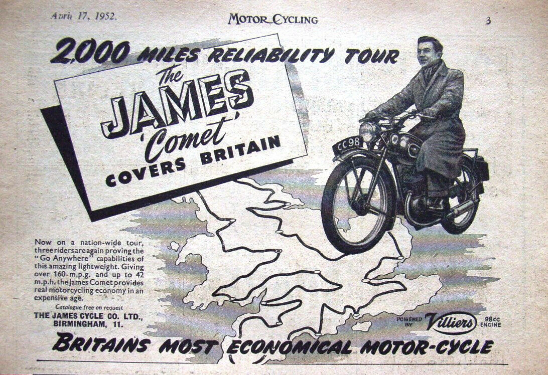 An advert of a Famous James motorbike. Media sourced from The Shovel Shop.