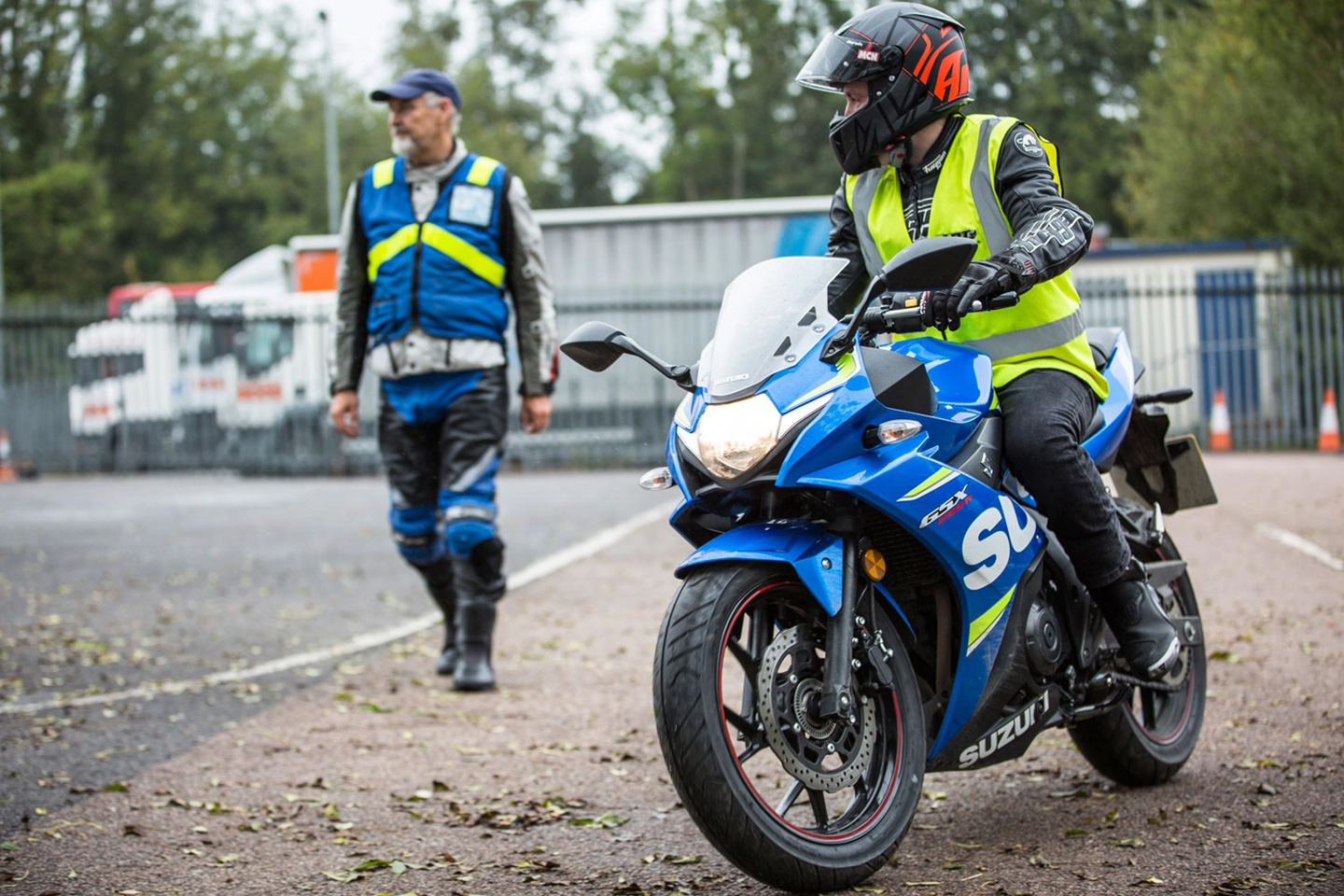A Suzuki GSX Motorcycle rider undergoes training A Suzuki GSX Motorcycle rider undergoes training