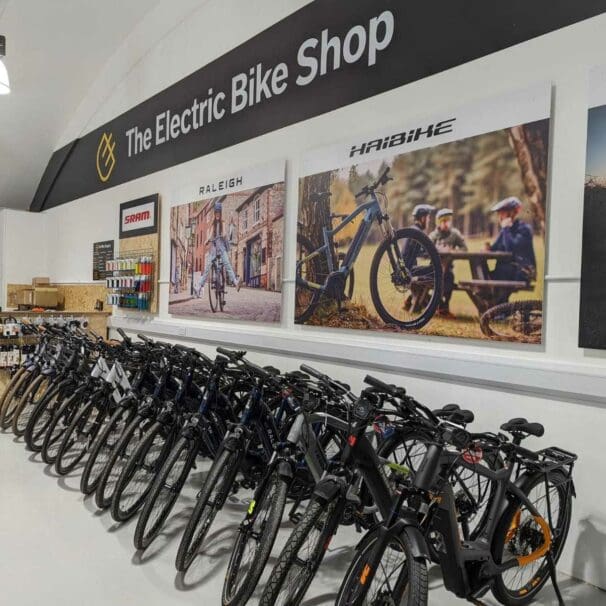 Row of Haibike and Raleigh electric bike models in store