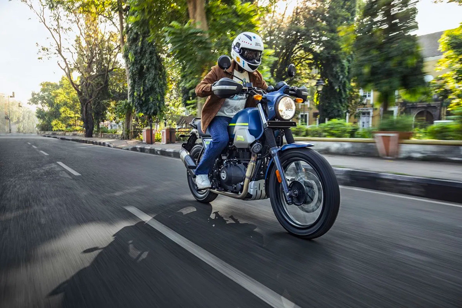 A 2022 Royal Enfield Scram 411 motorcycle on a urban road in India