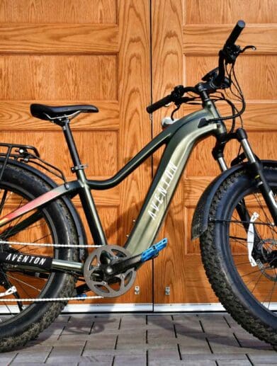 Aventon eBike leaning against wooden door