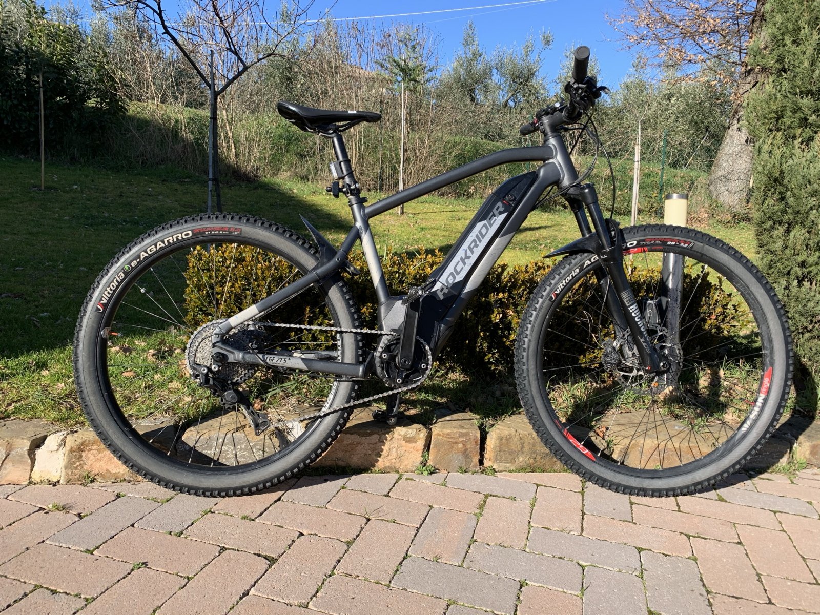 Decathlon Rockrider E-ST 900 electric mountain bike propped against stone patio in garden on sunny day