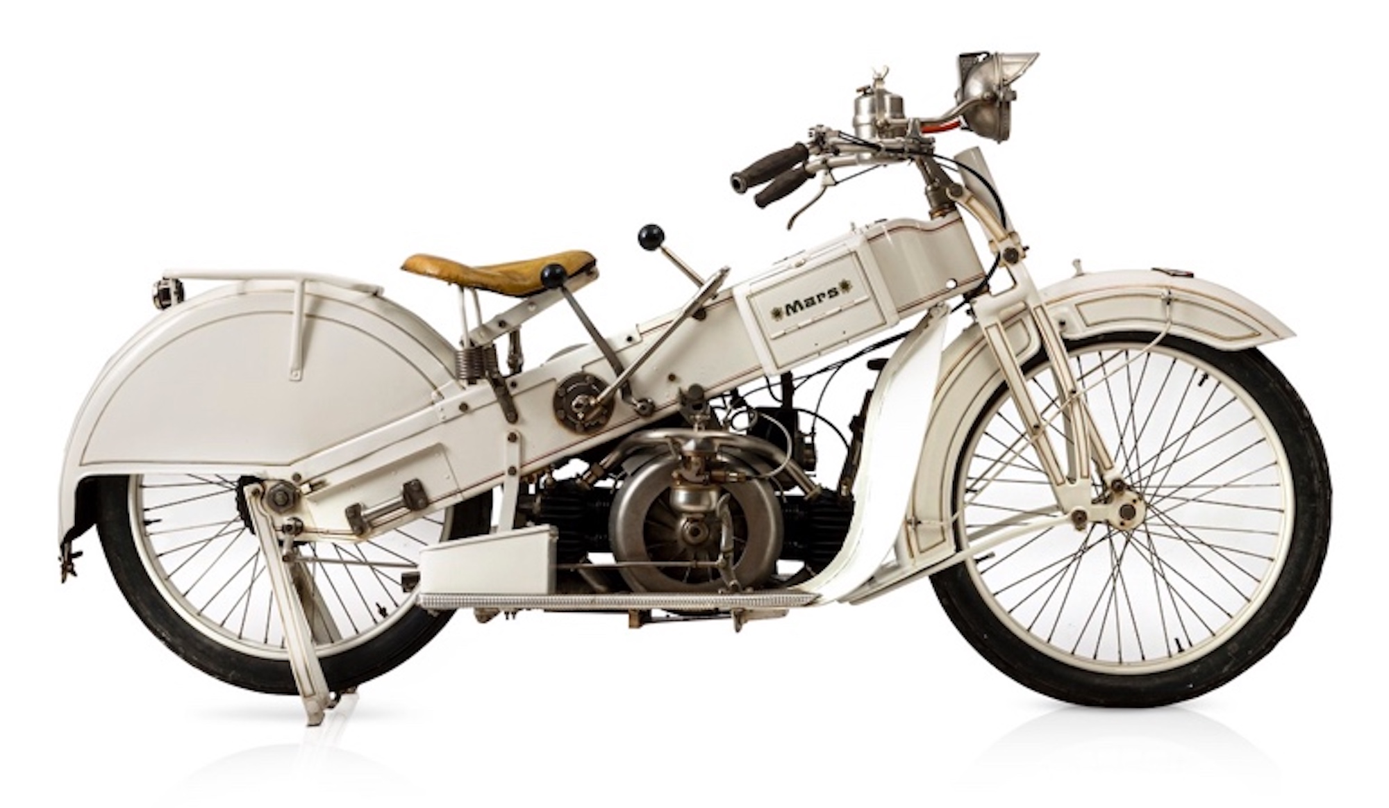 The stunningly futuristic c.1925 MARS 'Weiße Mars, featuring a 986cc Maybach boxer twin, excellent condition ratings, and estimated to bring in around €90,000-110,000 at the Bonhams Grandes Marques à Paris Sale. Media sourced from Bonhams' recent press release.