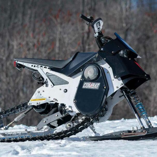 Dayak's Combat e-bike; an electric motorcycle that can swap tires out for skis and tracks. Media sourced from Daymak.