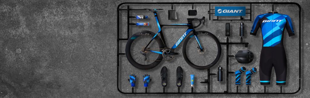 Giant Bicycles branded biking gear including electric bike and helmet and gloves