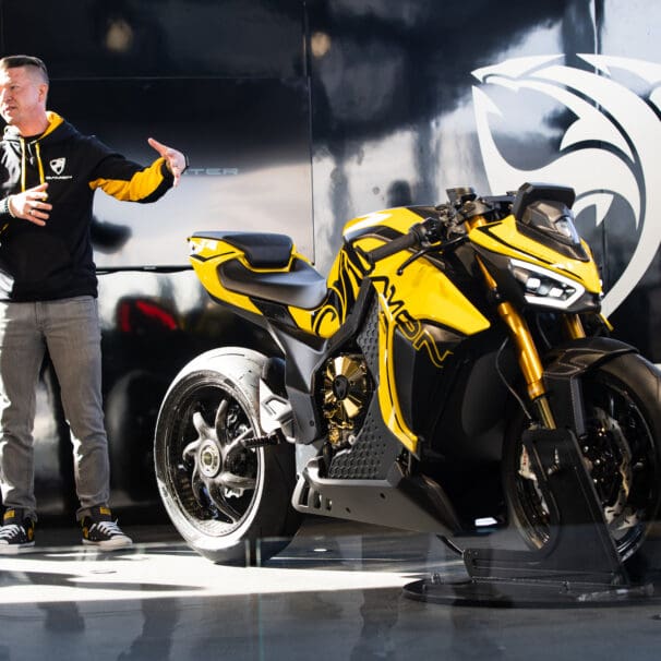 Jay Giraud next to the Damon HyperFighter. Media sourced from the team at Damon Motor Ltd.