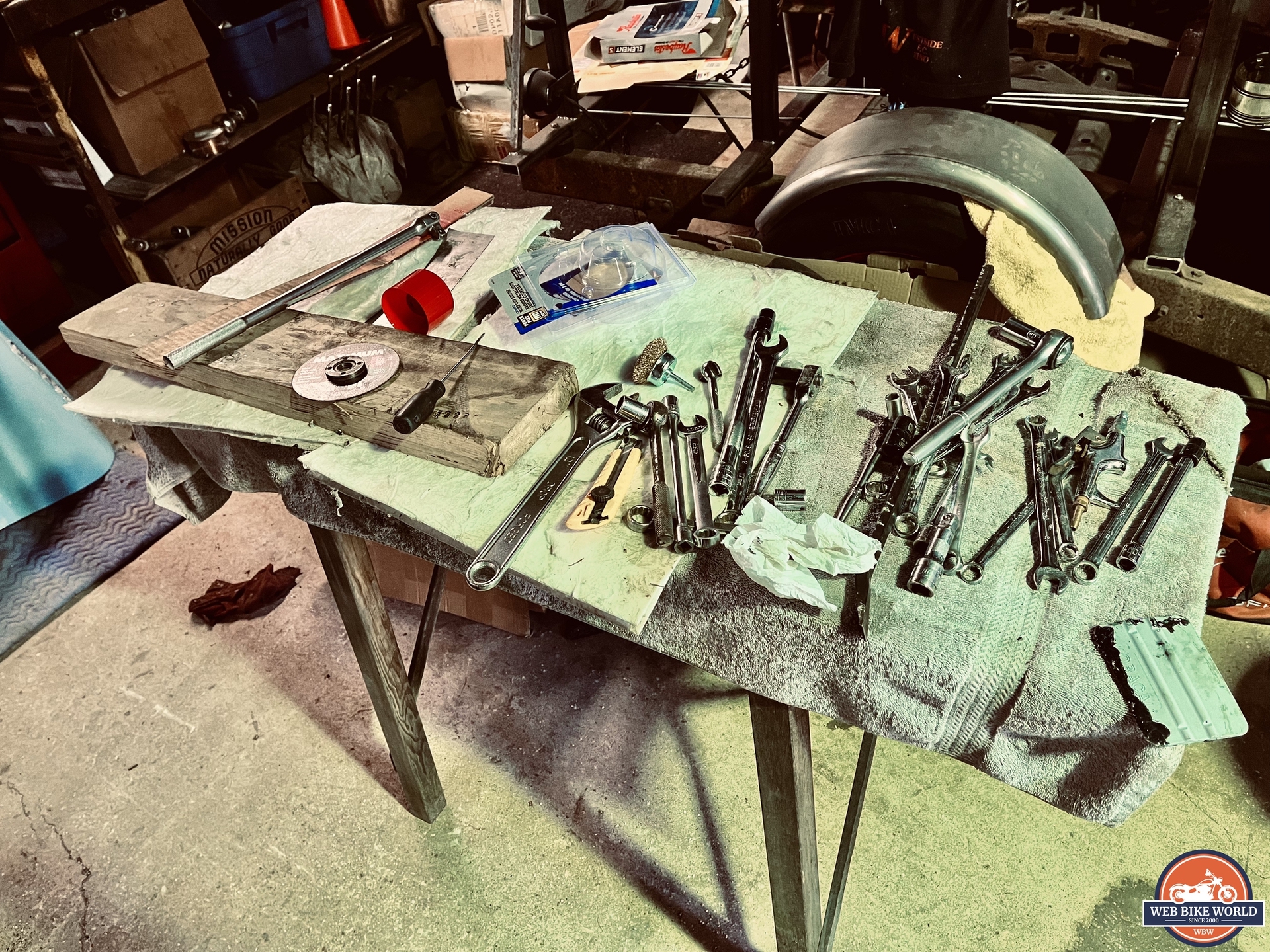 Tools on bench in Grant Vlahovic's workshop