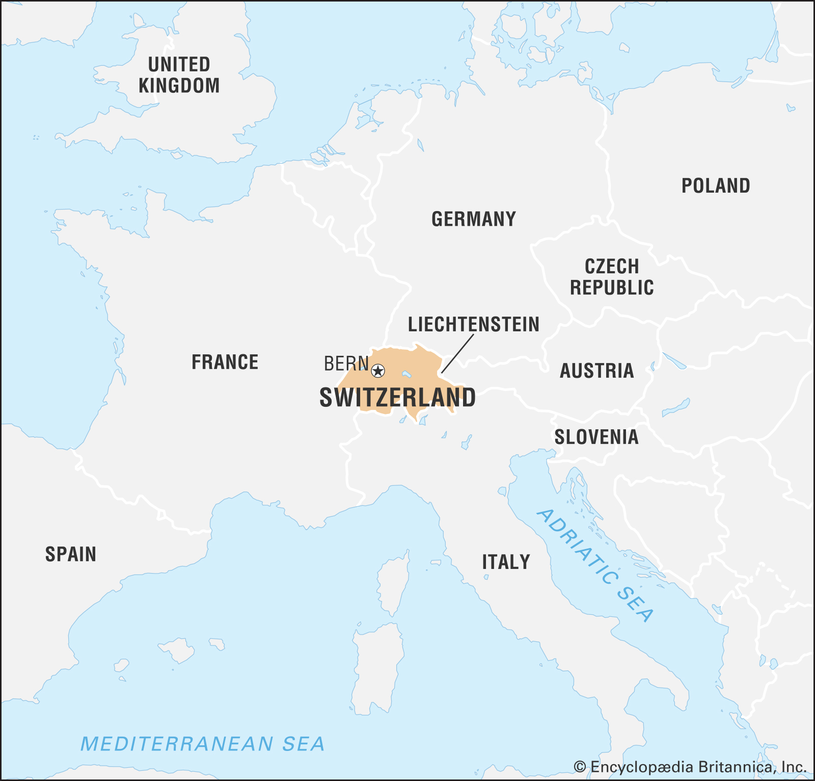 A map of Switzerland and nearby countries