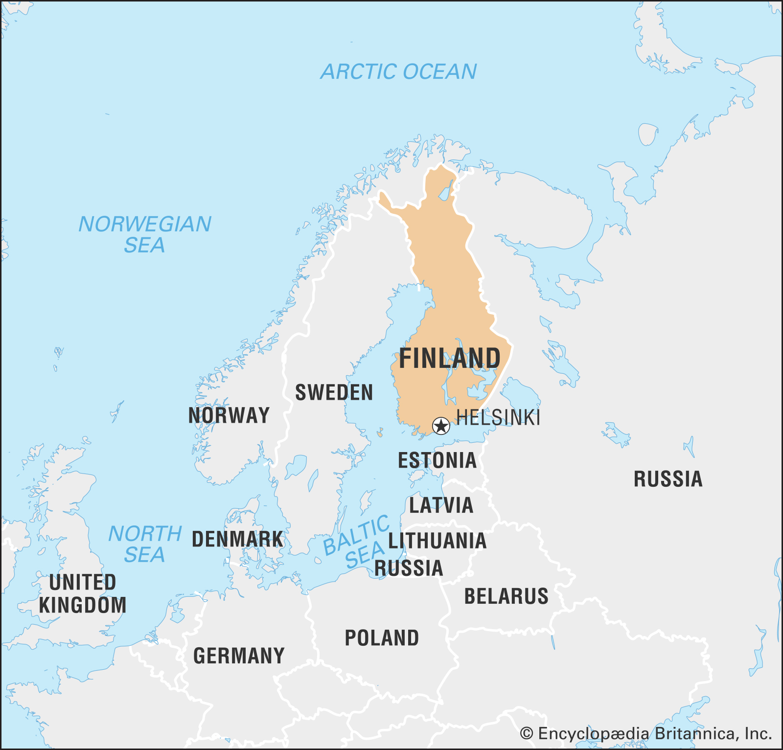 A map of Finland and nearby countries