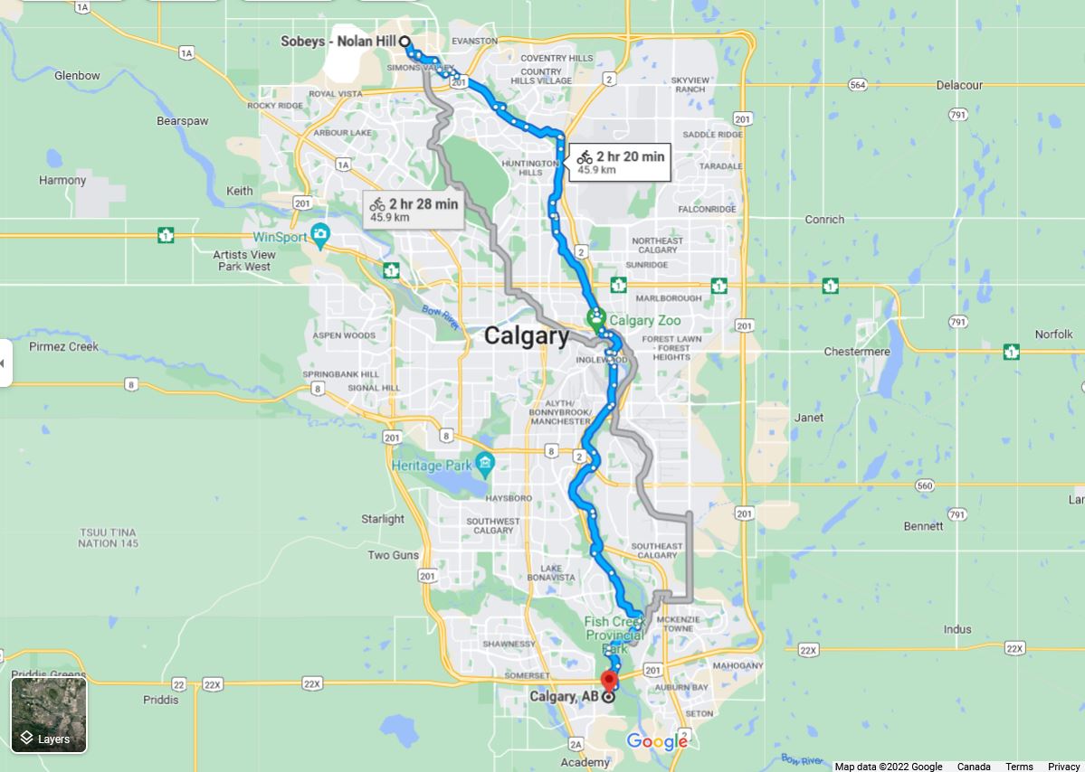 Route showing distance from North end of Calgary to South