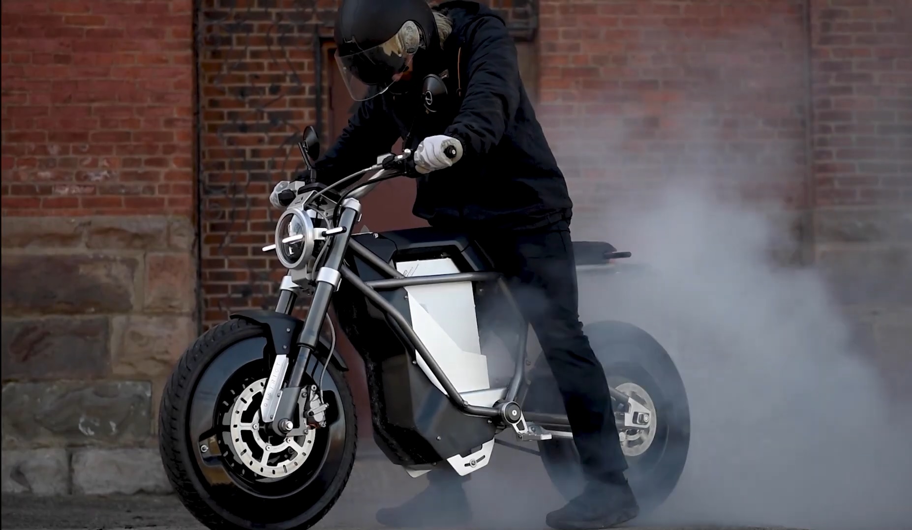 Rider doing burnout on an electric motorcycle