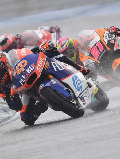 Moto2 offerings twisting through a rainfall on the circuit. Media sourced from Motorcycle Sports.