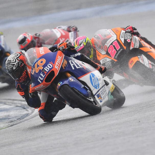 Moto2 offerings twisting through a rainfall on the circuit. Media sourced from Motorcycle Sports.