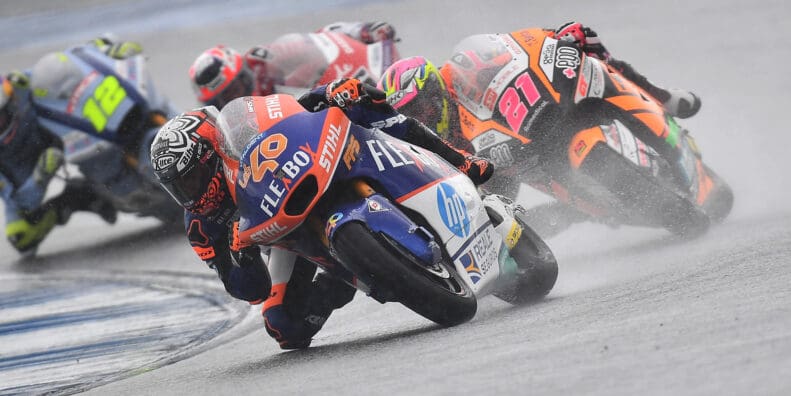 Moto2 offerings twisting through a rainfall on the circuit. Media sourced from Motorcycle Sports.