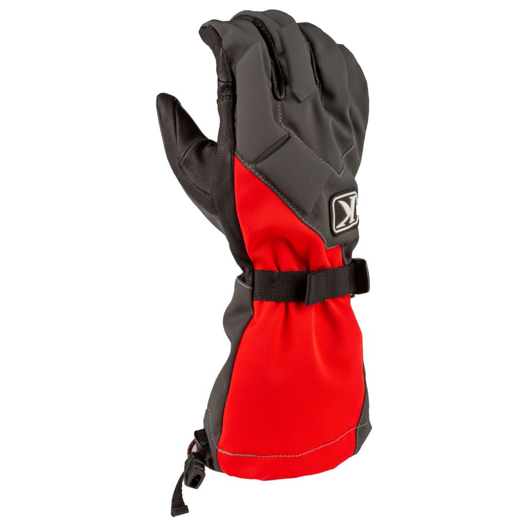 Red and grey Klim Togwotee Gloves on white background