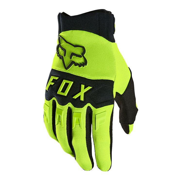 Neon green Fox Racing Dirtpaw Gloves on white background