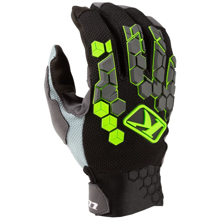 Black Klim Dakar Gloves with neon green highlights on white background