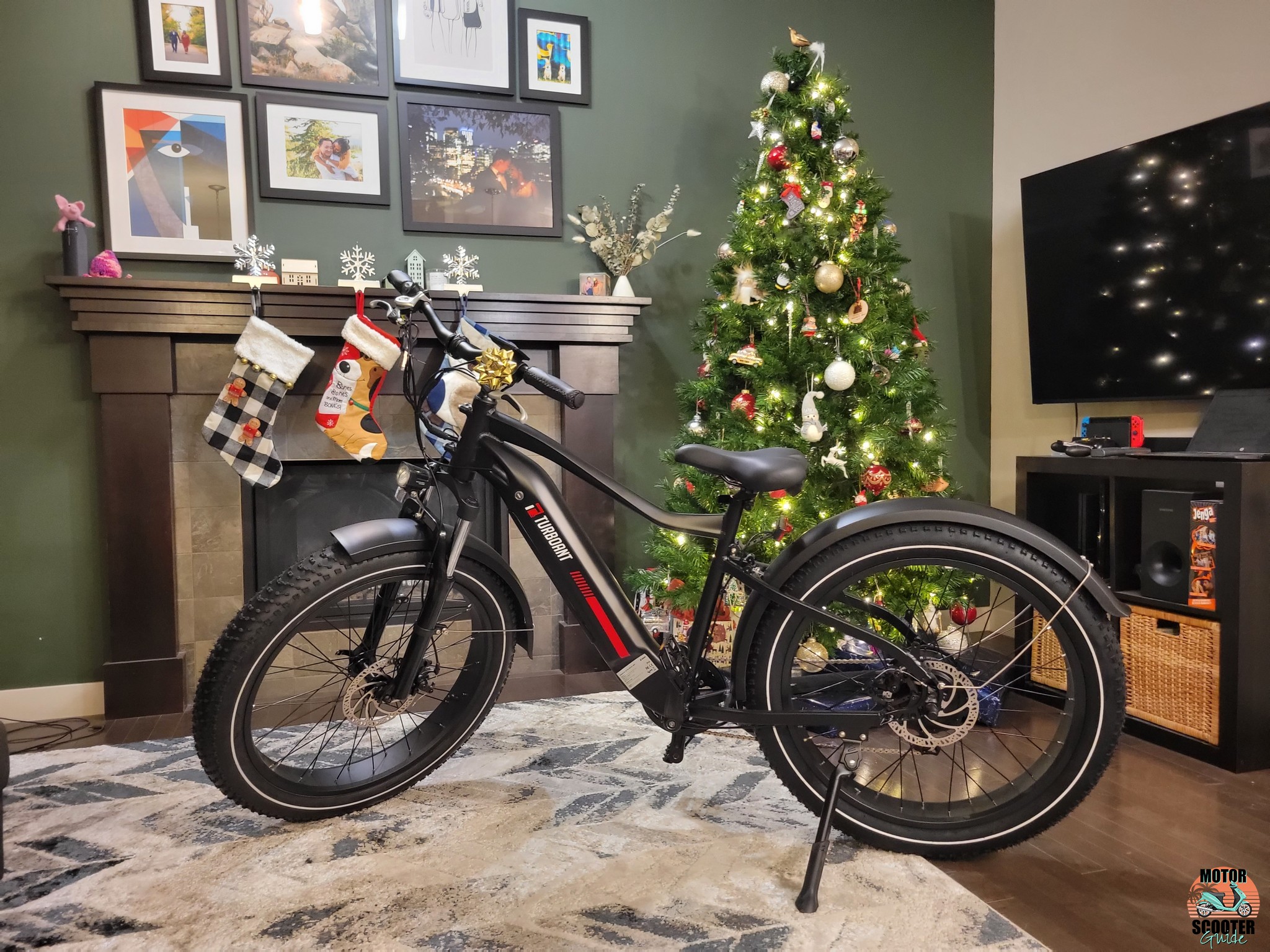 An assembled Nebula N1 ebike in front of Christmas tree