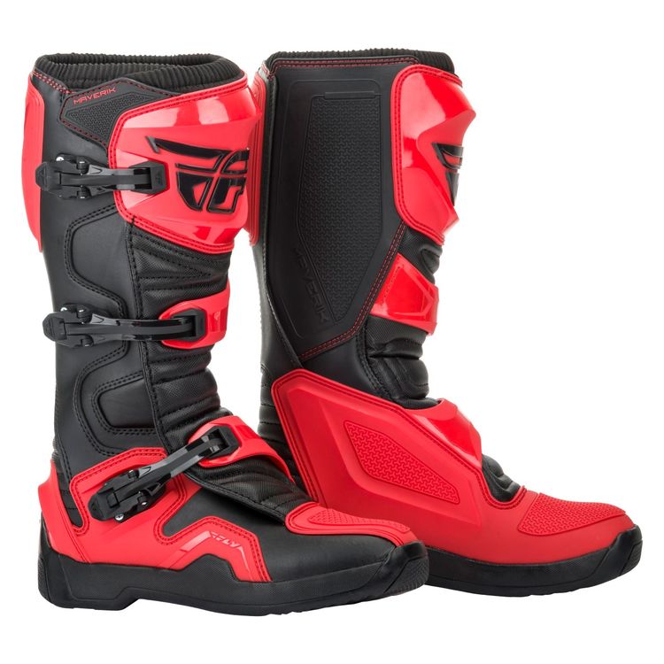 Red and black Fly Racing Dirt Maverik boots on white background