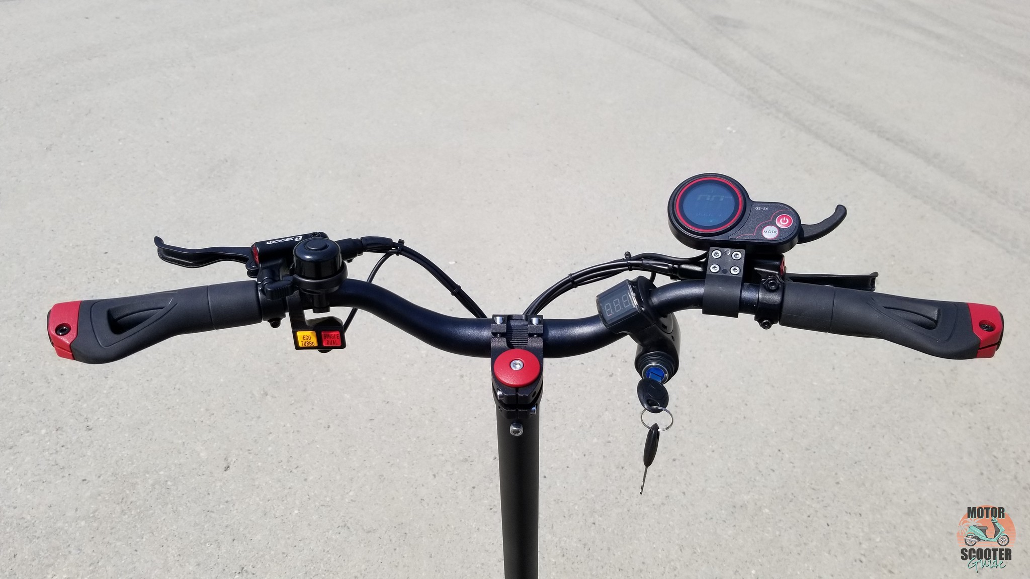 Rider view of the handlebar with various gadgets mounted 