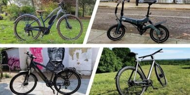 Split image of four different eBike designs in city and outdoor environments