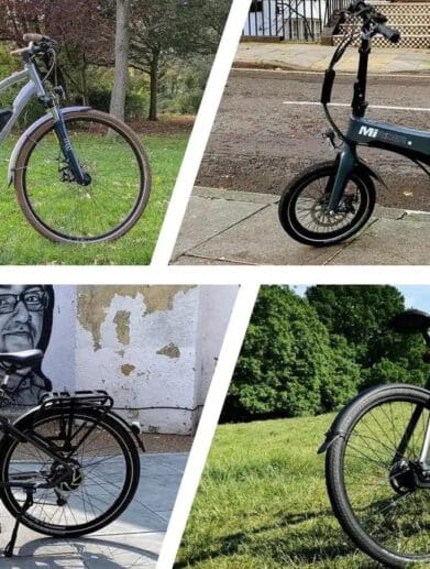 Split image of four different eBike designs in city and outdoor environments