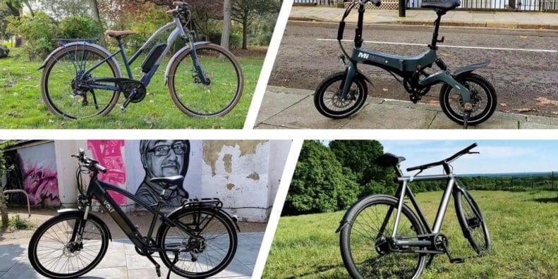 Split image of four different eBike designs in city and outdoor environments