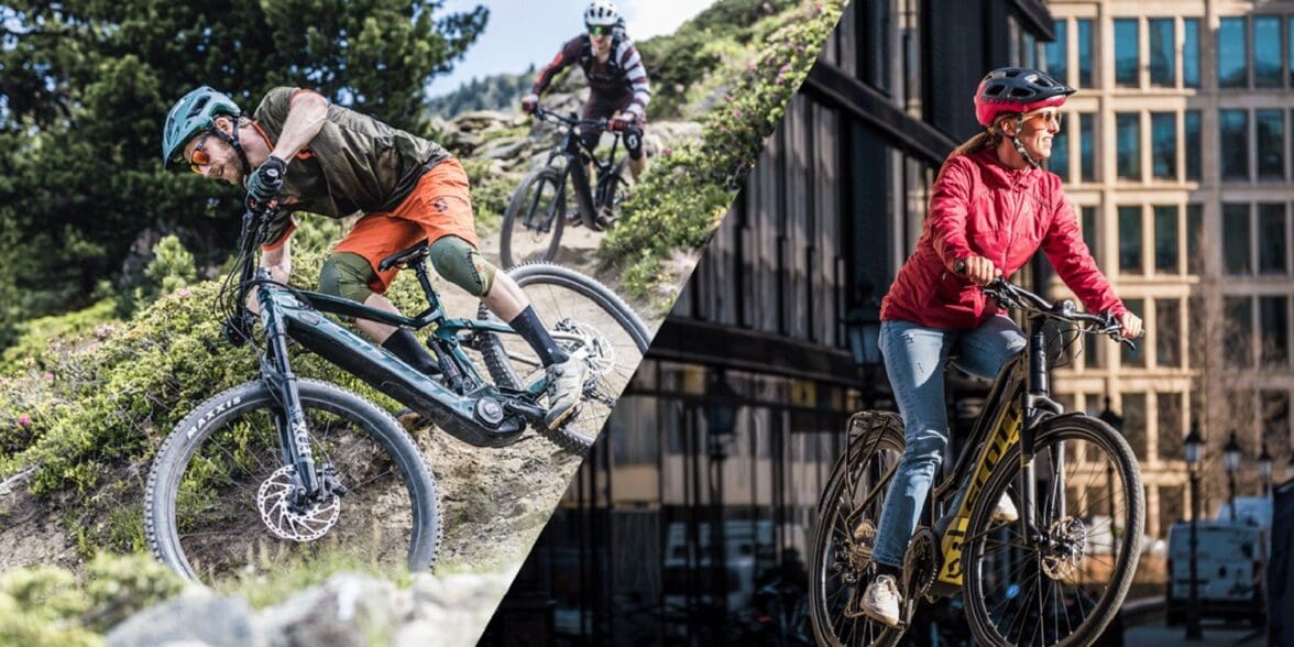 Split image of mountain bikers in steep downhill descent next to woman riding electric bike in city