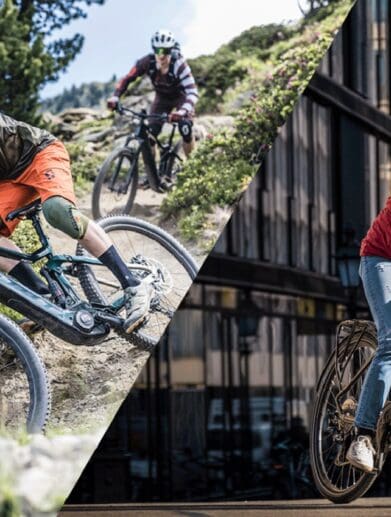 Split image of mountain bikers in steep downhill descent next to woman riding electric bike in city