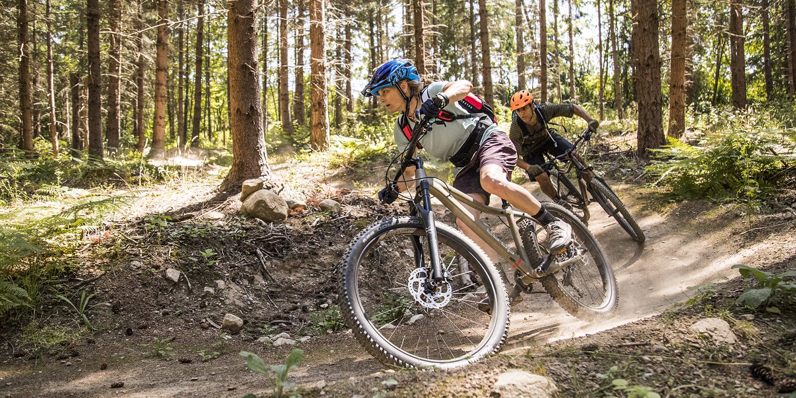 Two mountain bikers take sharp corner on off-road forest trail on sunny day