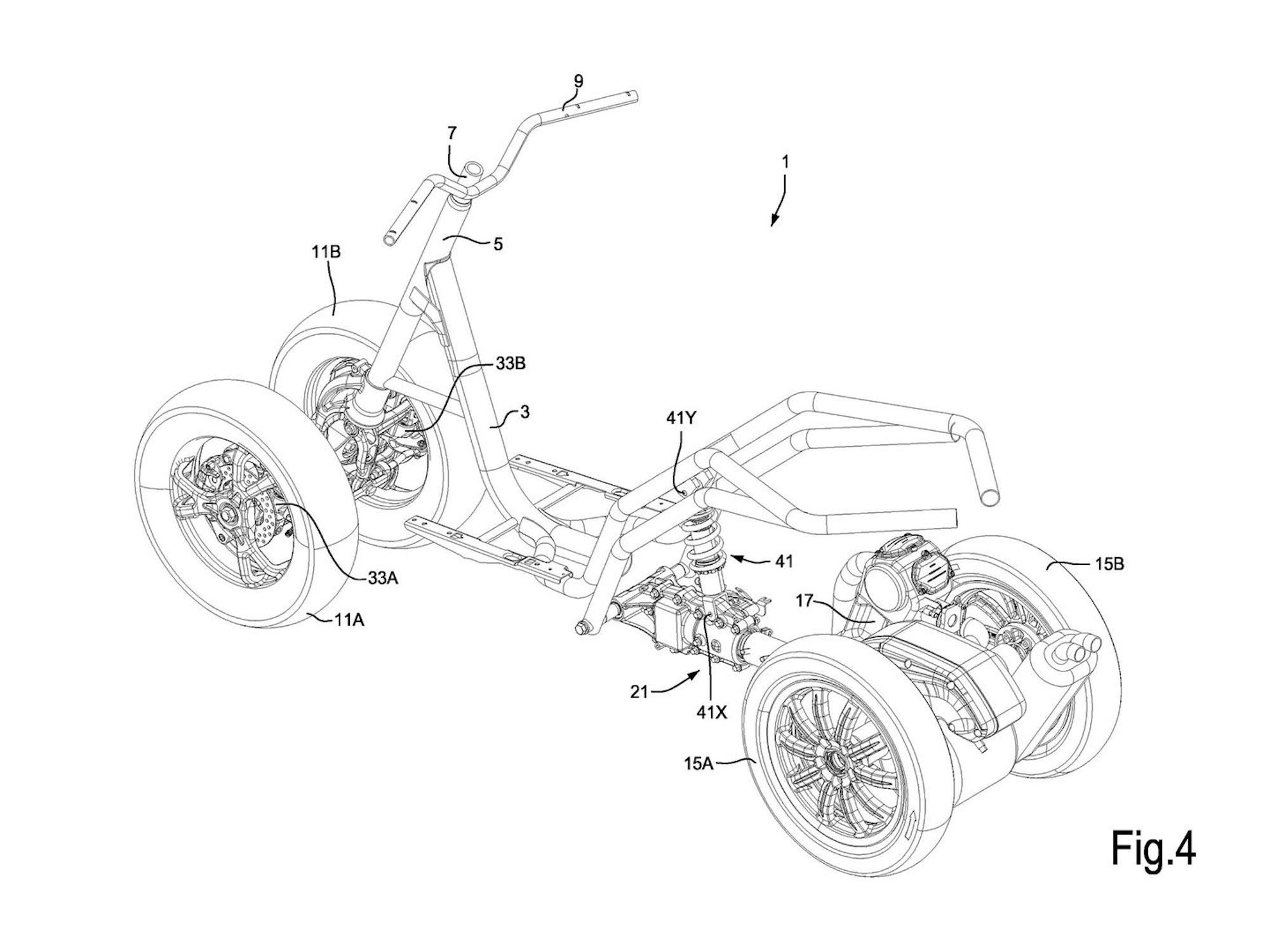 Piaggio's set of patents revealing a new four-wheeled leaner. Media sourced from CycleWorld.