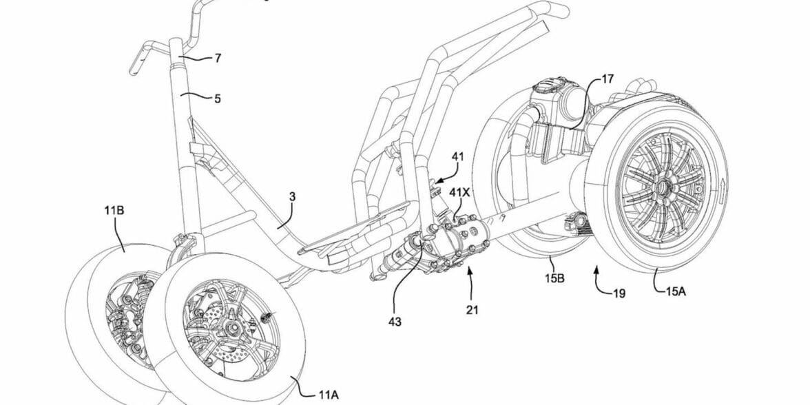 Piaggio's set of patents revealing a new four-wheeled leaner. Media sourced from CycleWorld.