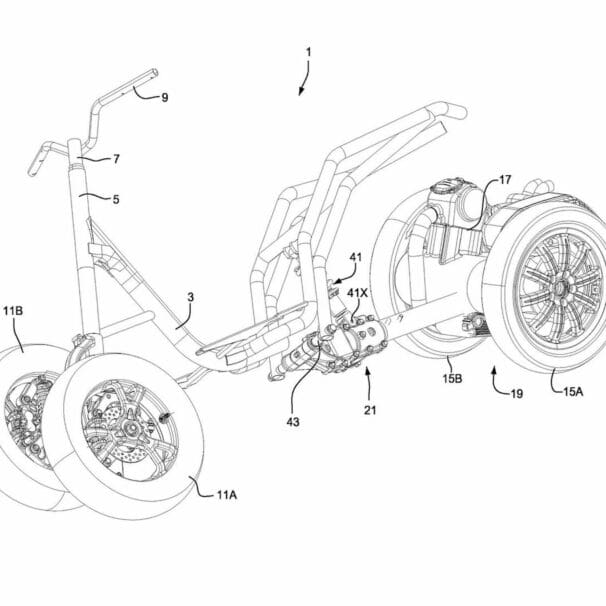 Piaggio's set of patents revealing a new four-wheeled leaner. Media sourced from CycleWorld.